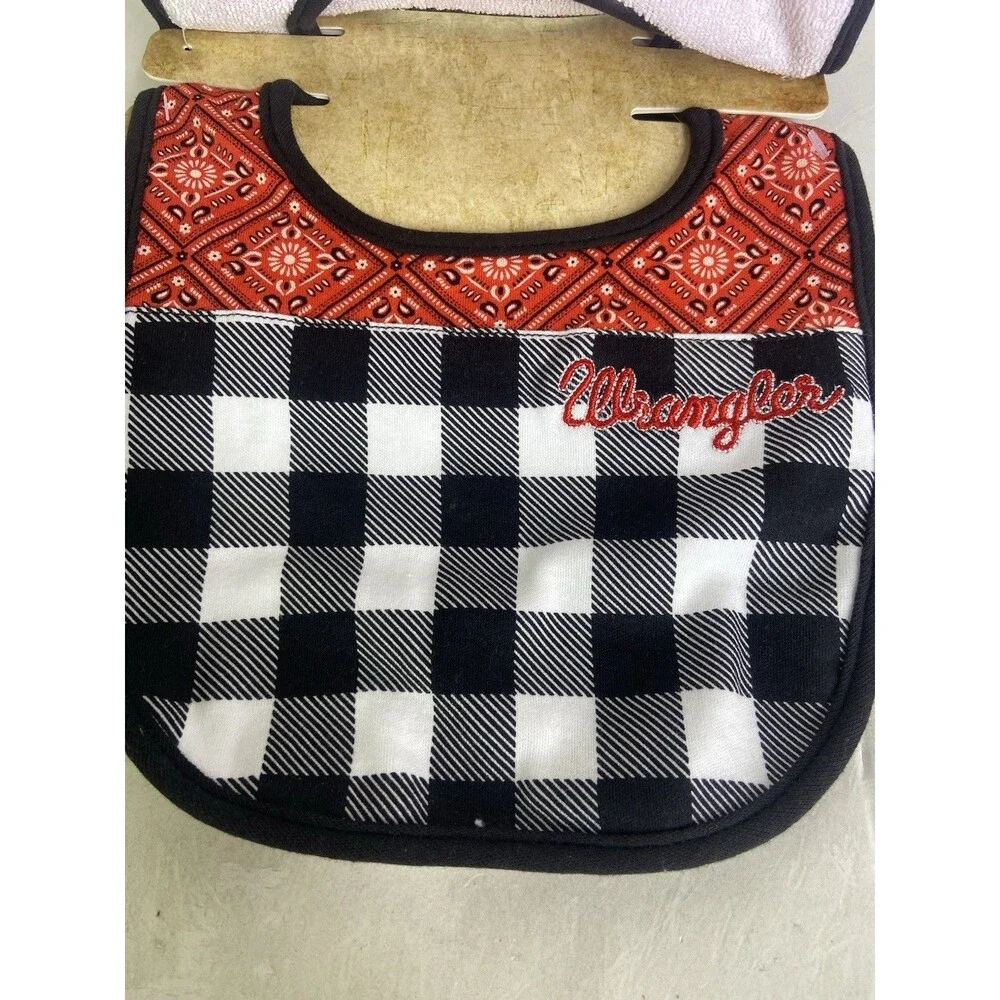 Wrangler Cowboy Cowgirl Cow Plaid Print Food Drool Bibs 3 Pack Infant Baby NEW